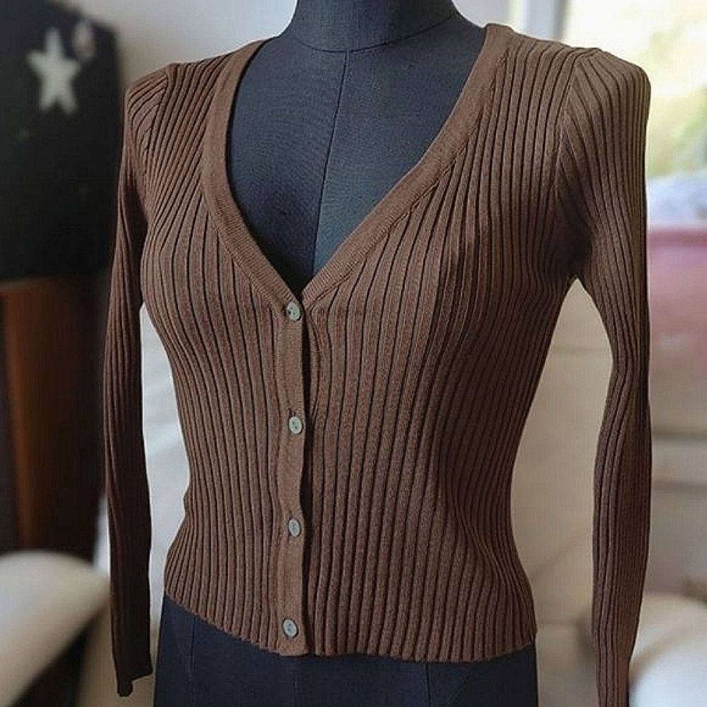 Pecan brown fitted rib knit v-neck long sleeve cardigan XXS